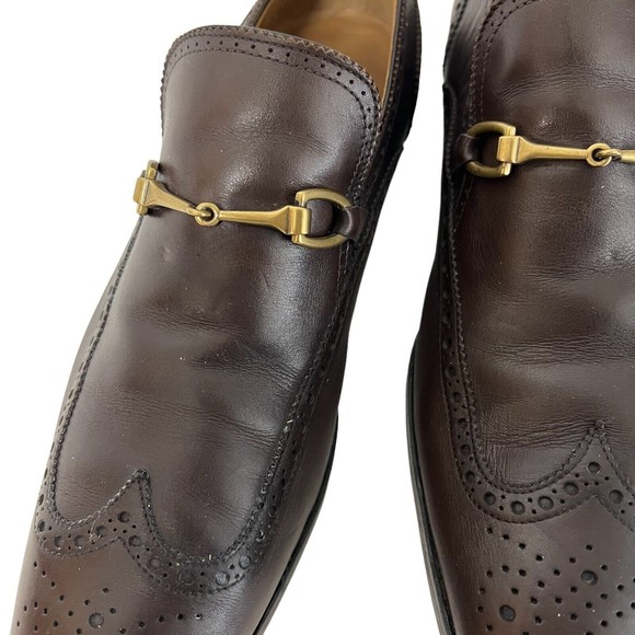 Gucci Men Shoes Brown Leather Sz 8.5 Loafer Slip On Horsebit Wingtip Italy - Picture 11 of 12
